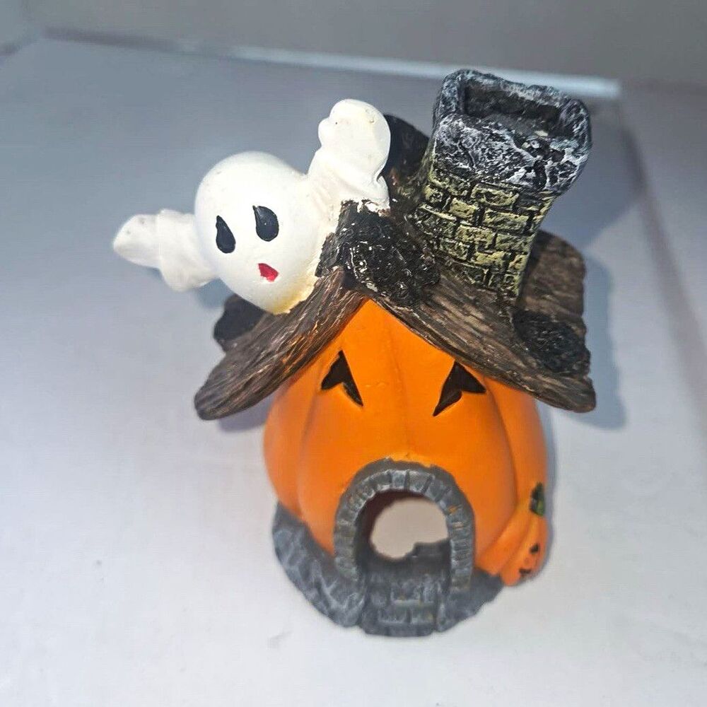 Halloween Pumpkin House Figurine w/ Ghost - Painted Resin Indoor Decor, Orange